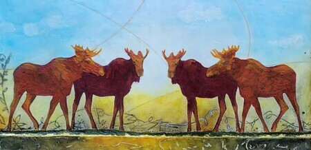Double Trouble Encaustic, Gold Leaf, Oils on wood 12x24 inches